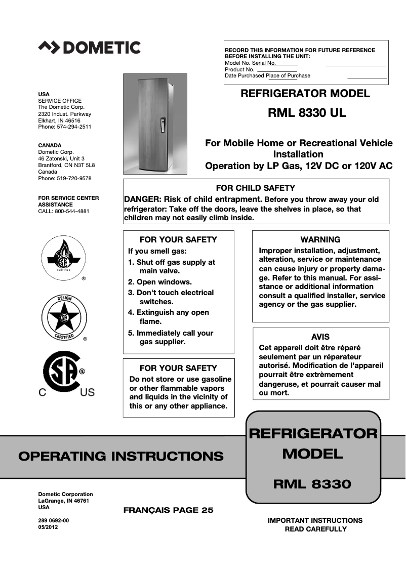 Page 1 de la notice Manuel utilisateur Dometic RML 8330