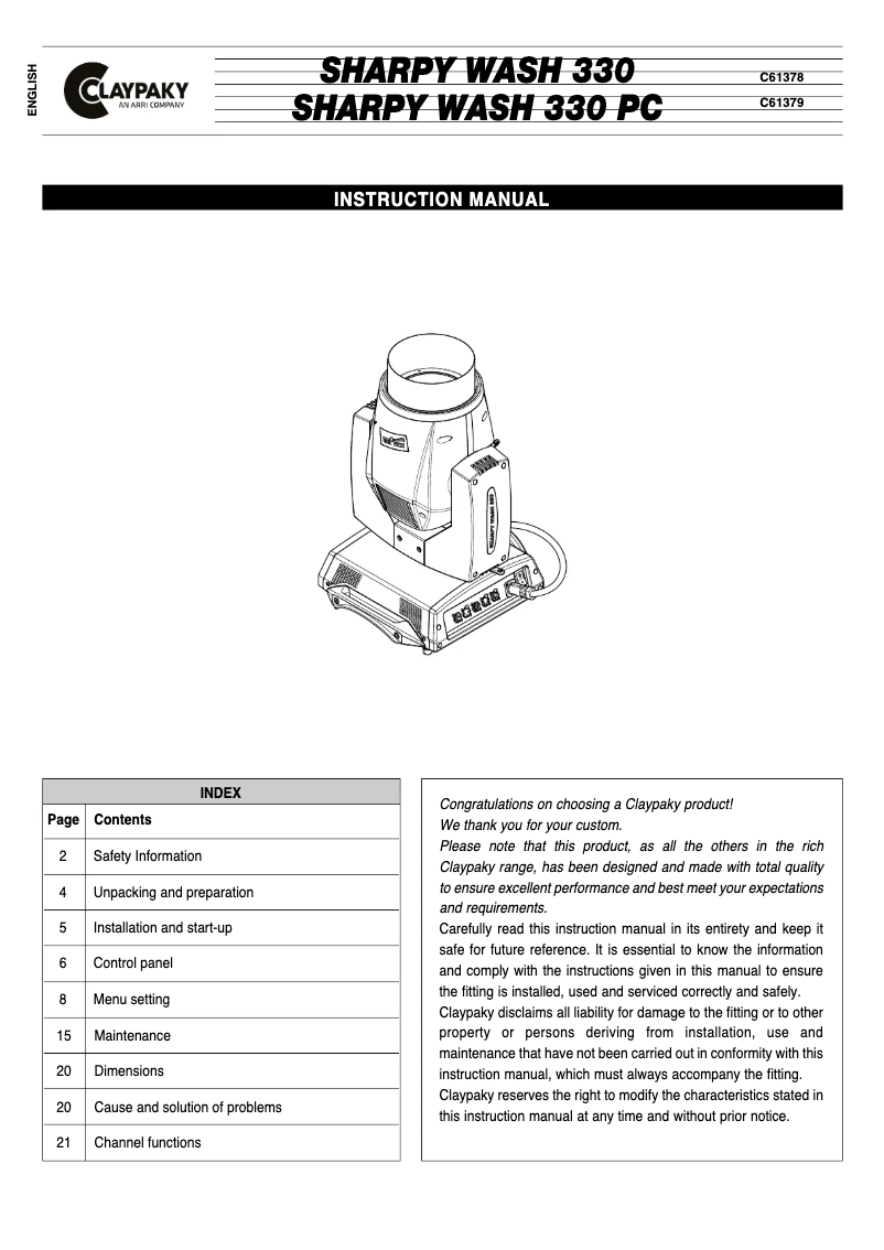 Page 1 de la notice Manuel utilisateur Claypaky Sharpy Wash 330