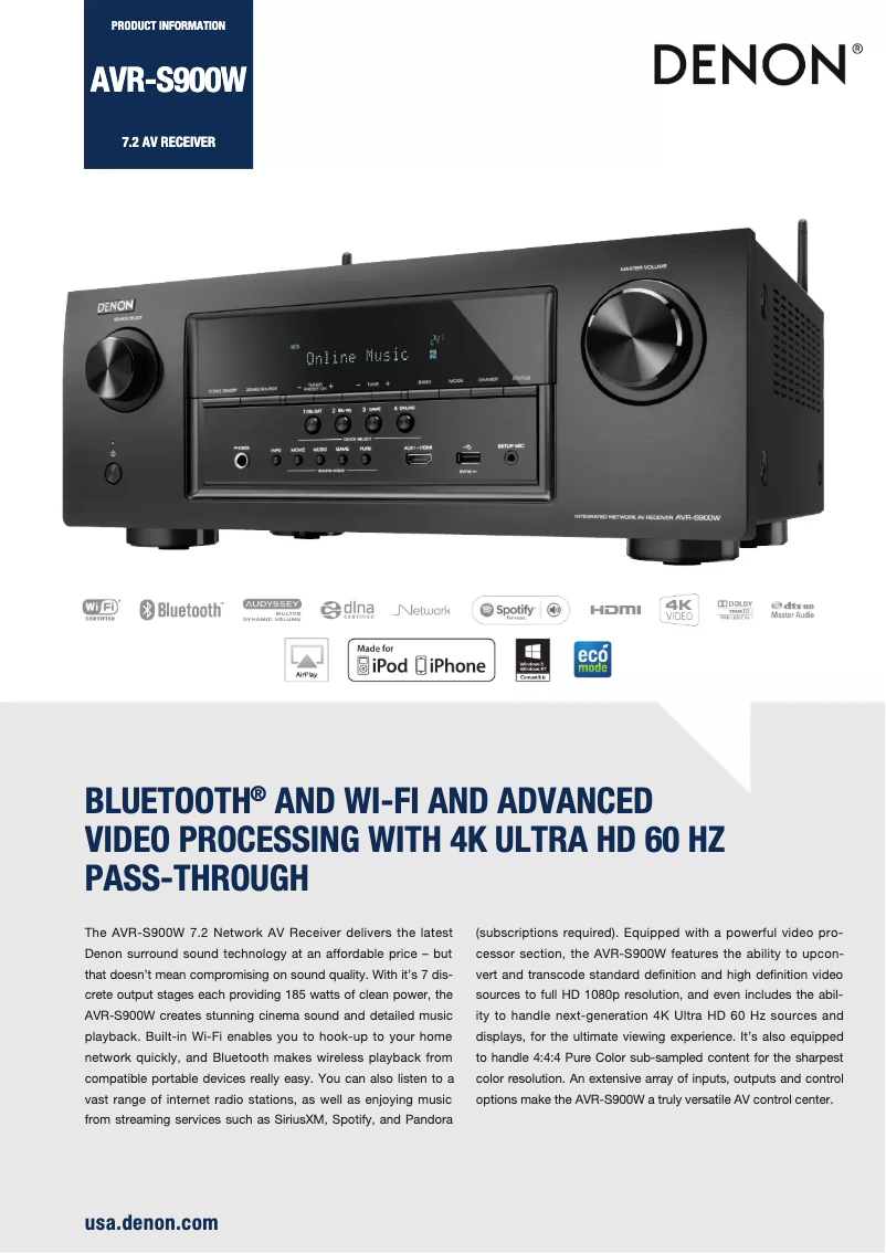 Page 1 de la notice Fiche technique Denon AVR-S900W