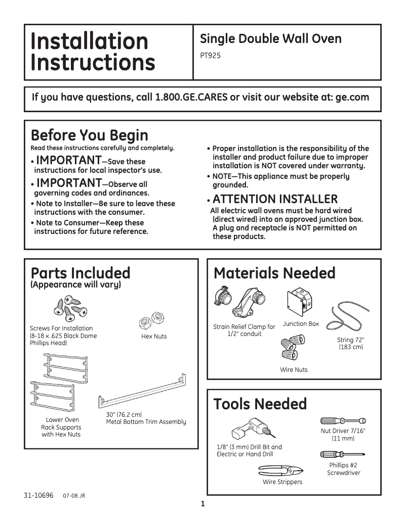 Page n°1 - Instructions / montage GE PT925DNBB