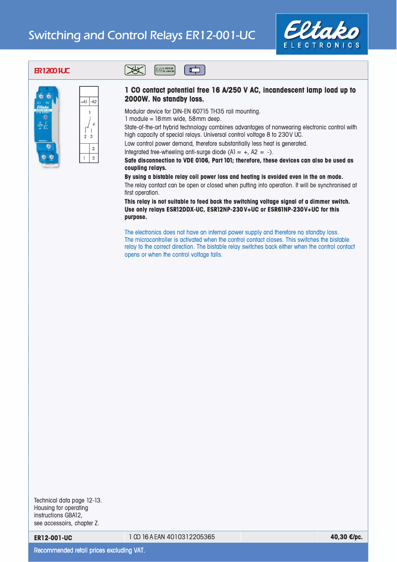 Page 1 de la notice Manuel utilisateur Eltako ER12-001-UC