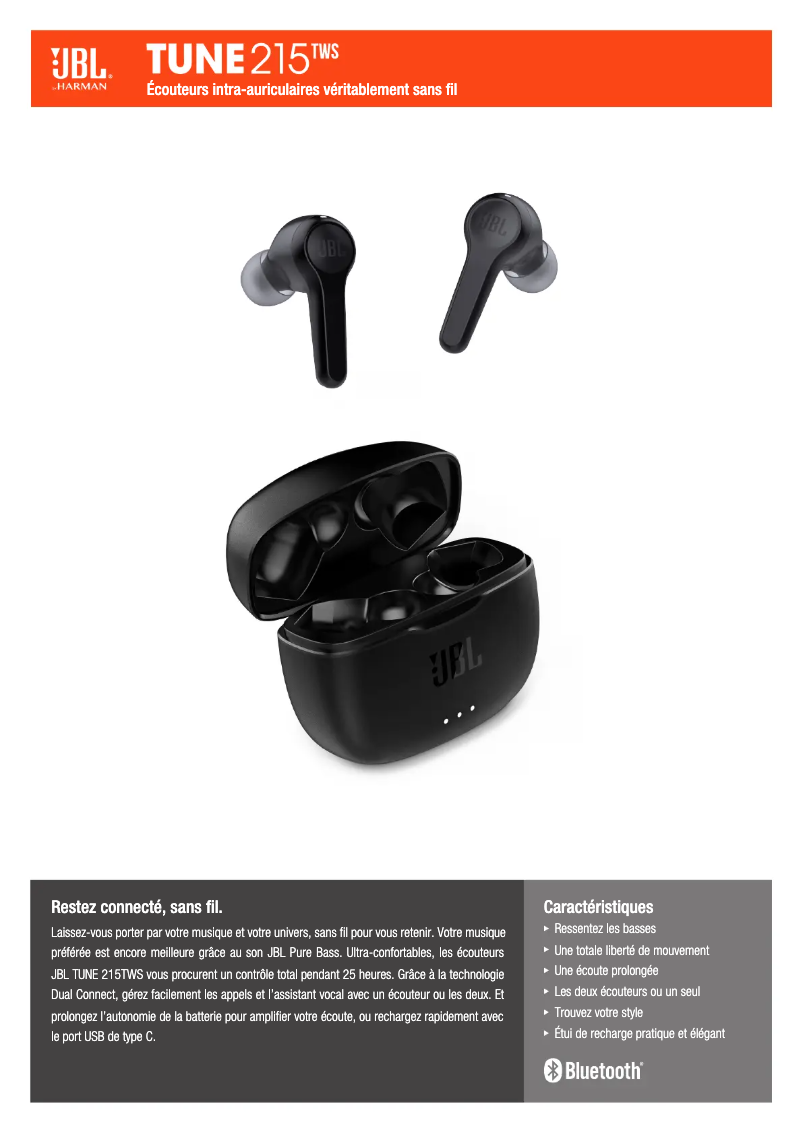 Page 1 de la notice Fiche technique JBL TUNE 215TWS
