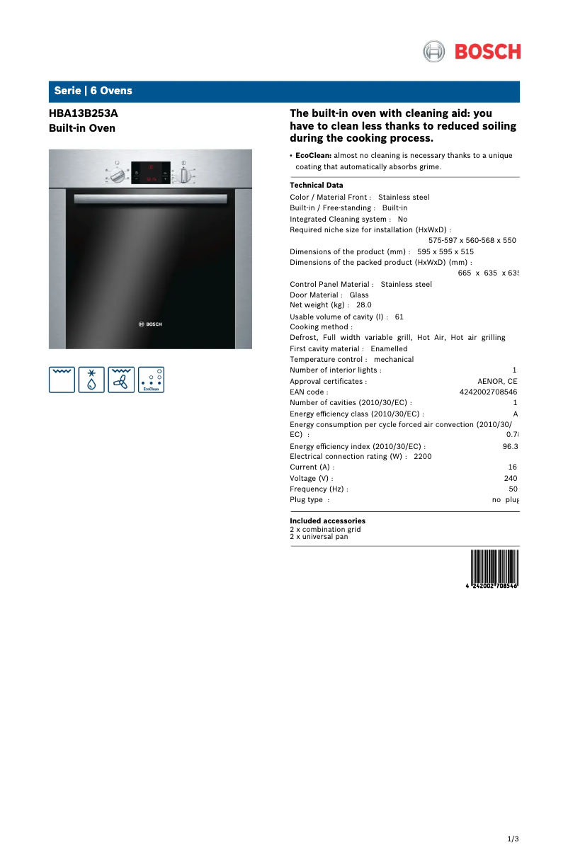 Página 1 del manual Ficha técnica Bosch HBA13B253A