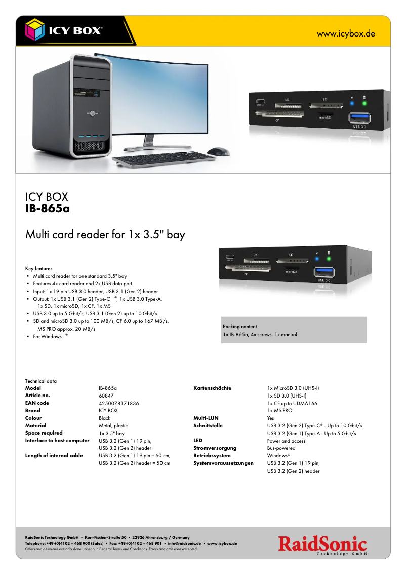 Page 1 de la notice Fiche technique Icy Box IB-865a