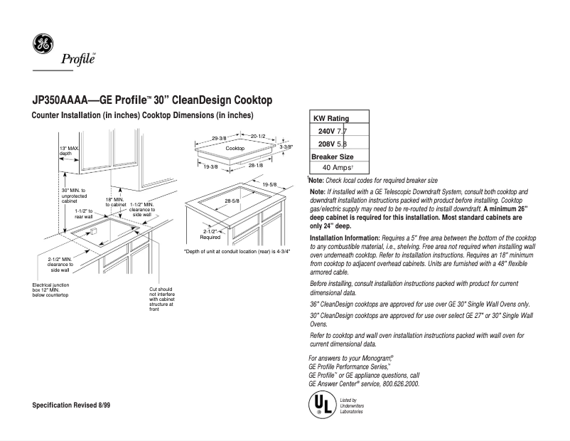 Page 1 of the manual Technical Sheet GE Profile JP350AAAA