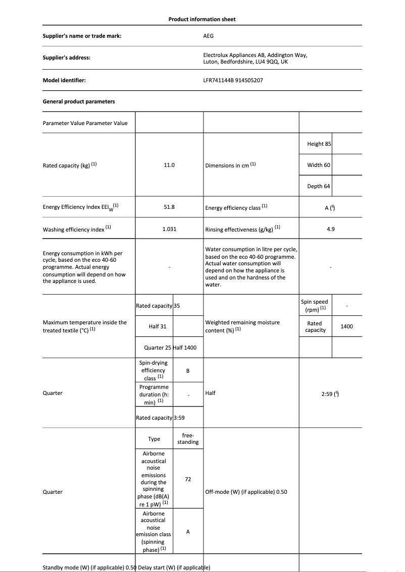 Page n°1 - Fiche technique AEG LFR741144B