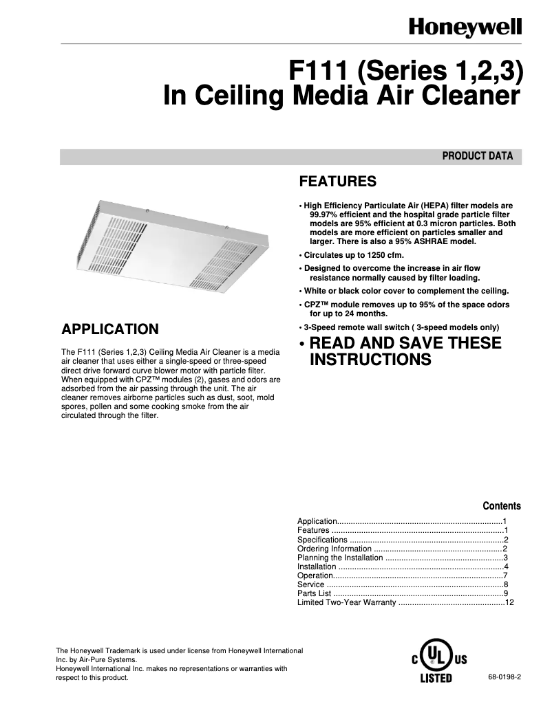 Page 1 de la notice Manuel utilisateur Honeywell F111C1073W-3S