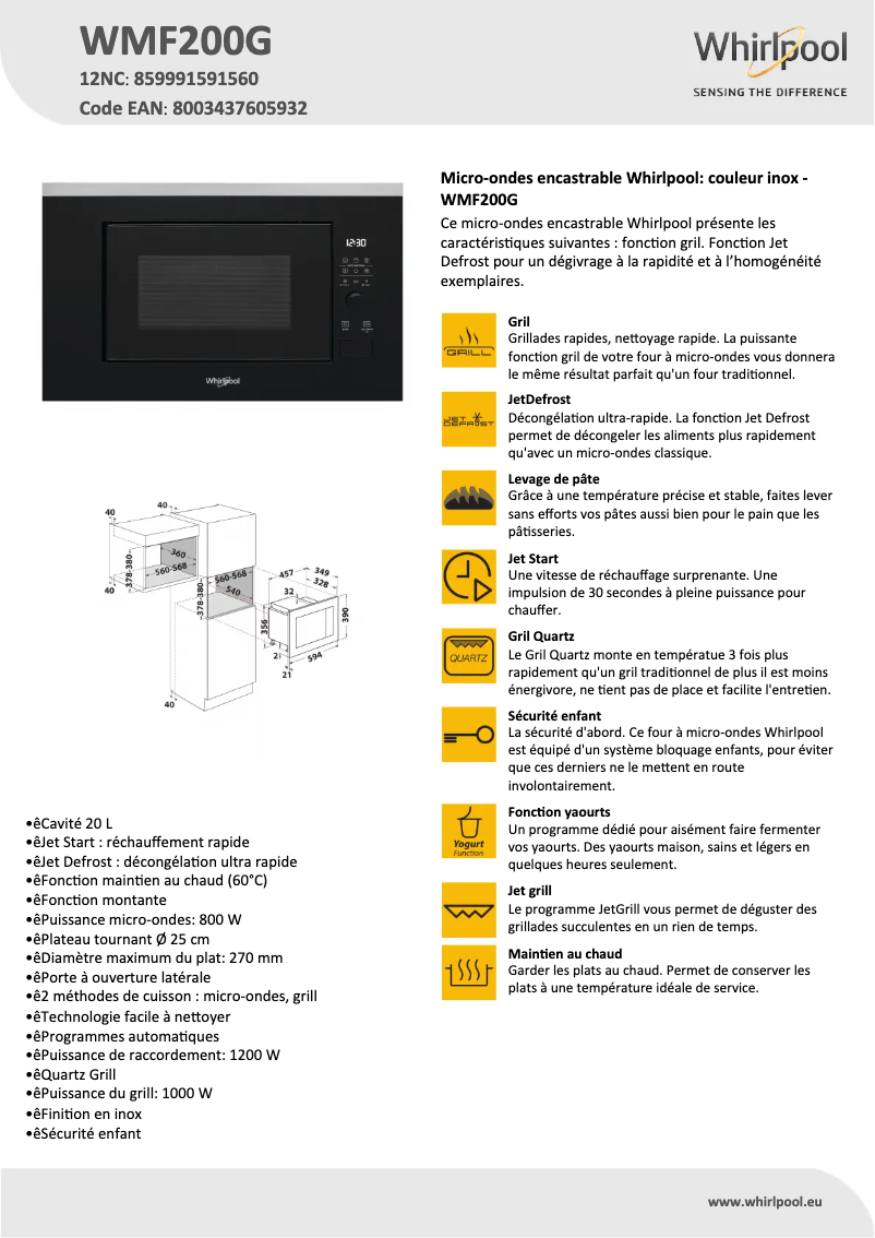 Página 1 del manual Ficha técnica Whirlpool WMF200G