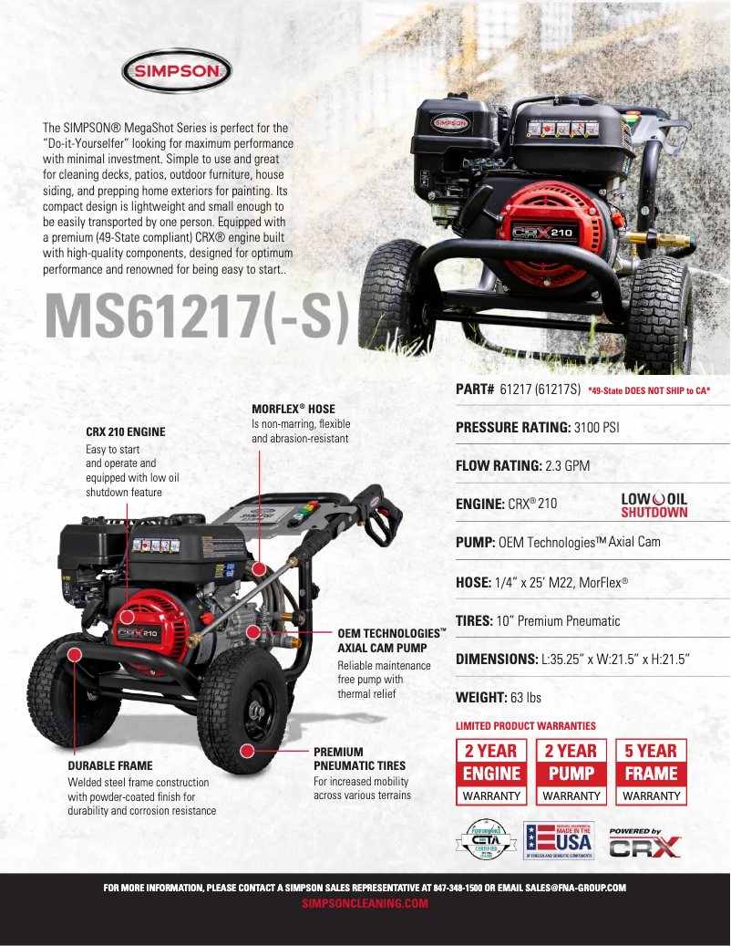 Page 1 de la notice Fiche technique Simpson Megashot MS61217-S