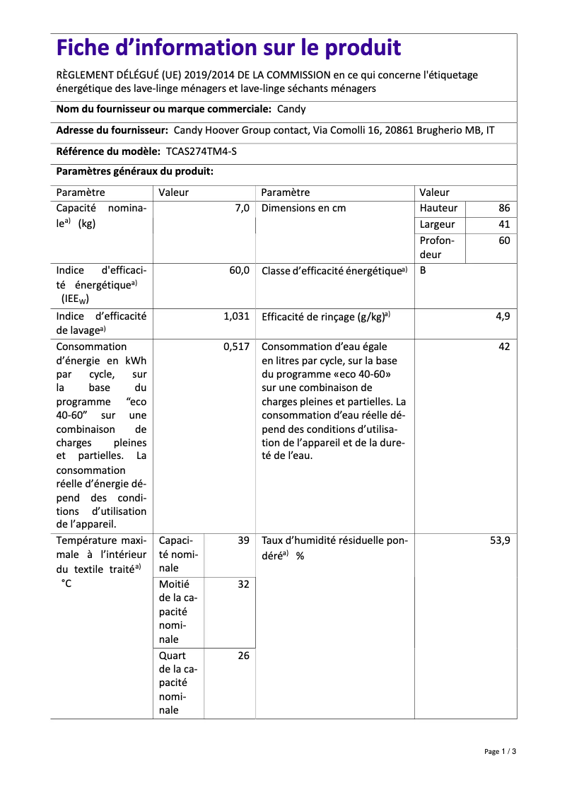Page n°1 - Fiche technique Candy TCAS274TM4-S