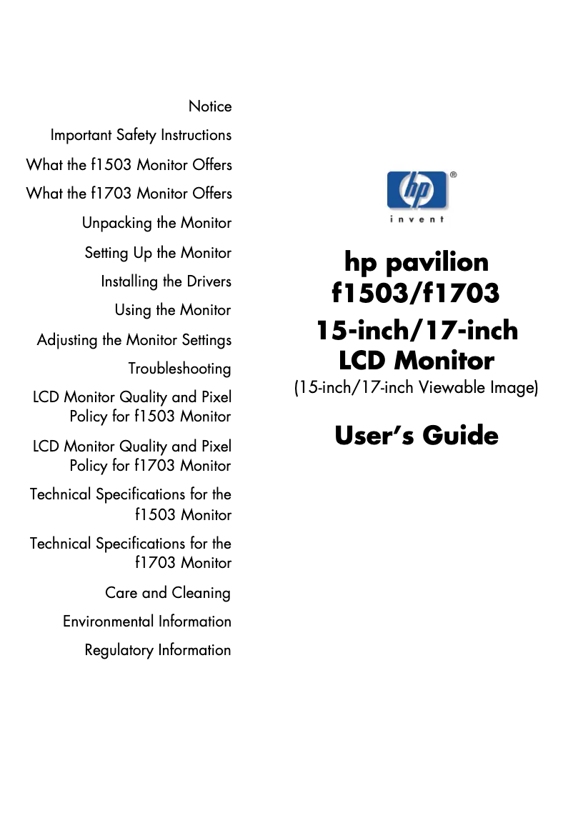 Imagen de la primera página del manual del dispositivo Pavilion F1703