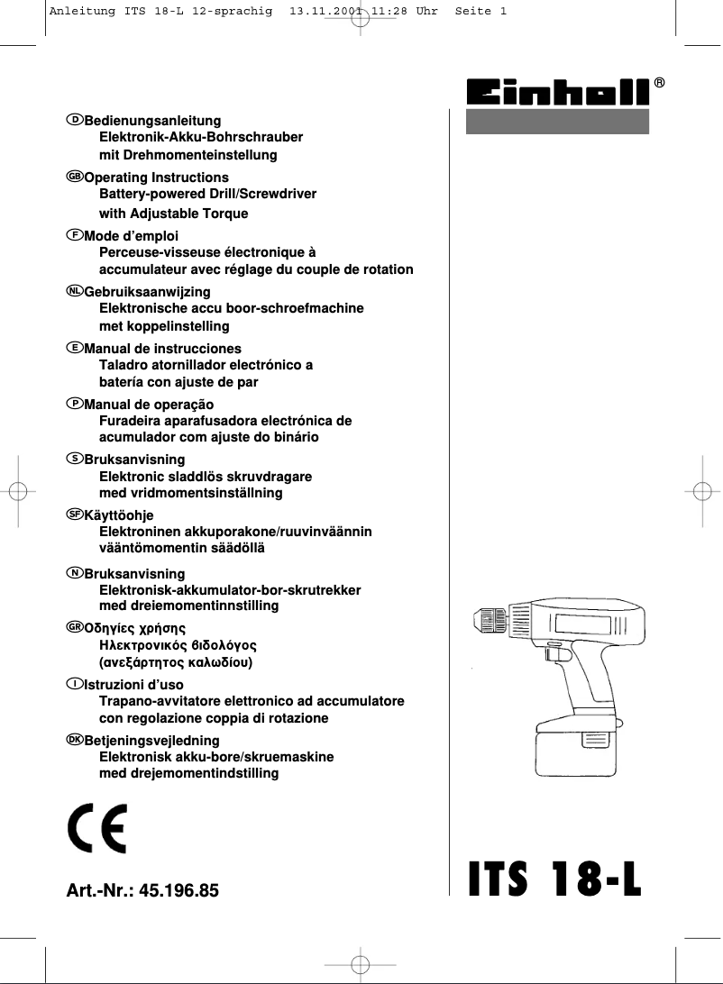 Page 1 de la notice Manuel utilisateur Einhell ITS 18-L