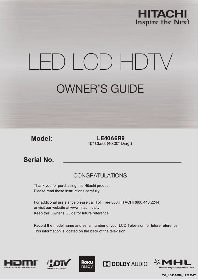 Page 1 de la notice Manuel utilisateur Hitachi LE40A6R9