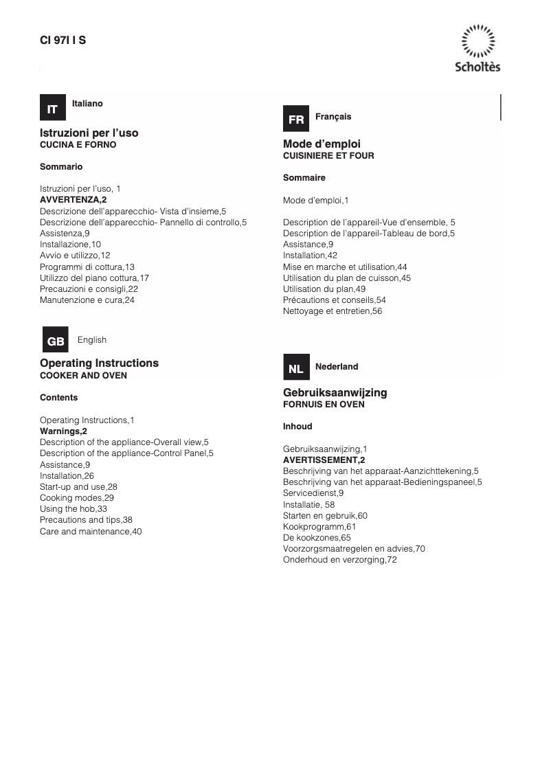 Page 1 de la notice Manuel utilisateur Scholtès CI 97I I S