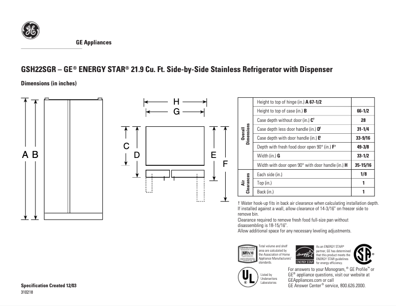 Page n°1 - Fiche technique GE GSH22SGRSS