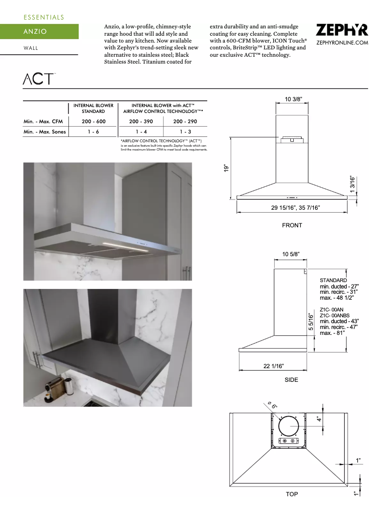 Page 1 de la notice Fiche technique Zephyr ZAN-E30CS