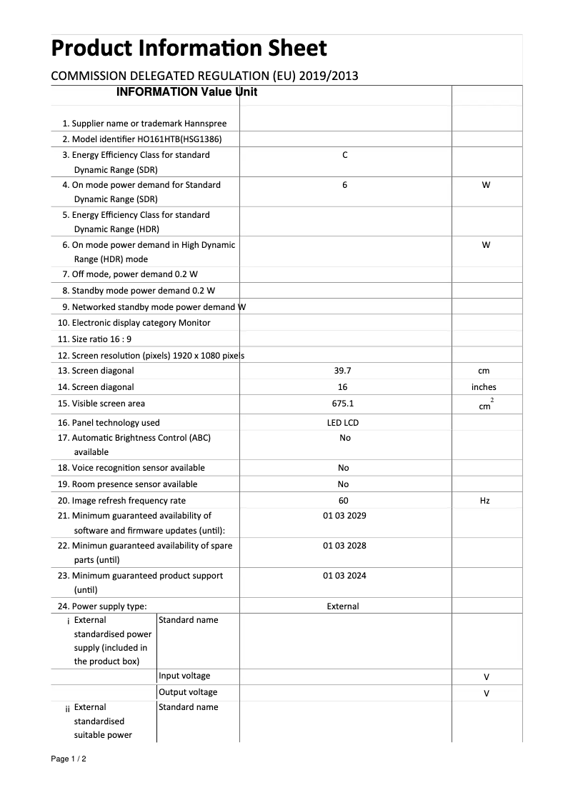 Page 1 de la notice Manuel utilisateur Hannspree HO 161 HTB