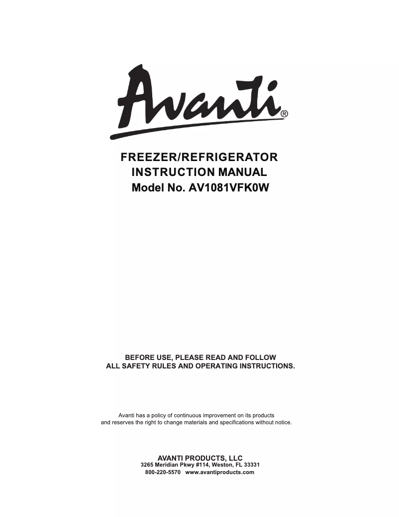 Page 1 de la notice Manuel utilisateur Avanti AV1081VFK0W