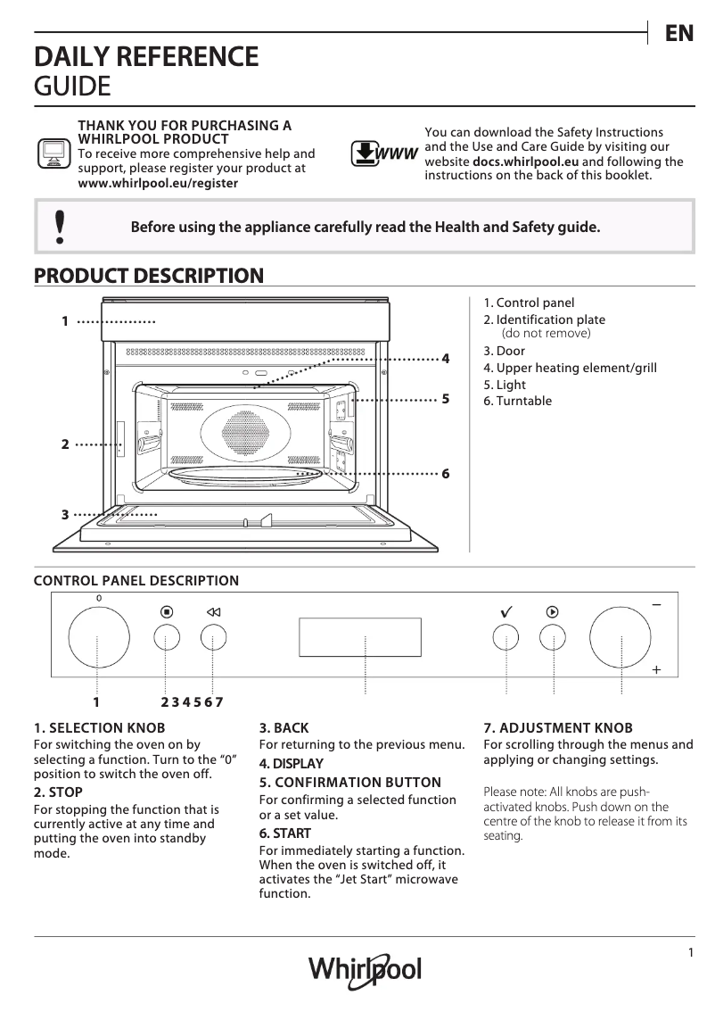 Page 1 de la notice Manuel d'utilisation et d'entretien Whirlpool AMW 805/IX
