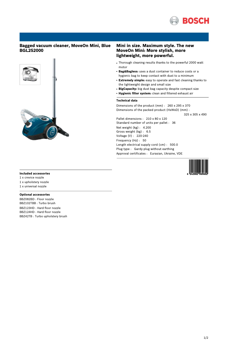 Page n°1 - Manuel utilisateur Bosch BGL252000