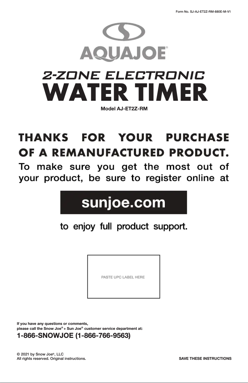 Page 1 de la notice Manuel utilisateur Aqua Joe AJ-ET2Z-RM