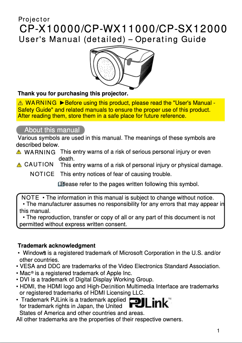 Page 1 de la notice Manuel utilisateur Hitachi CP-WX11000
