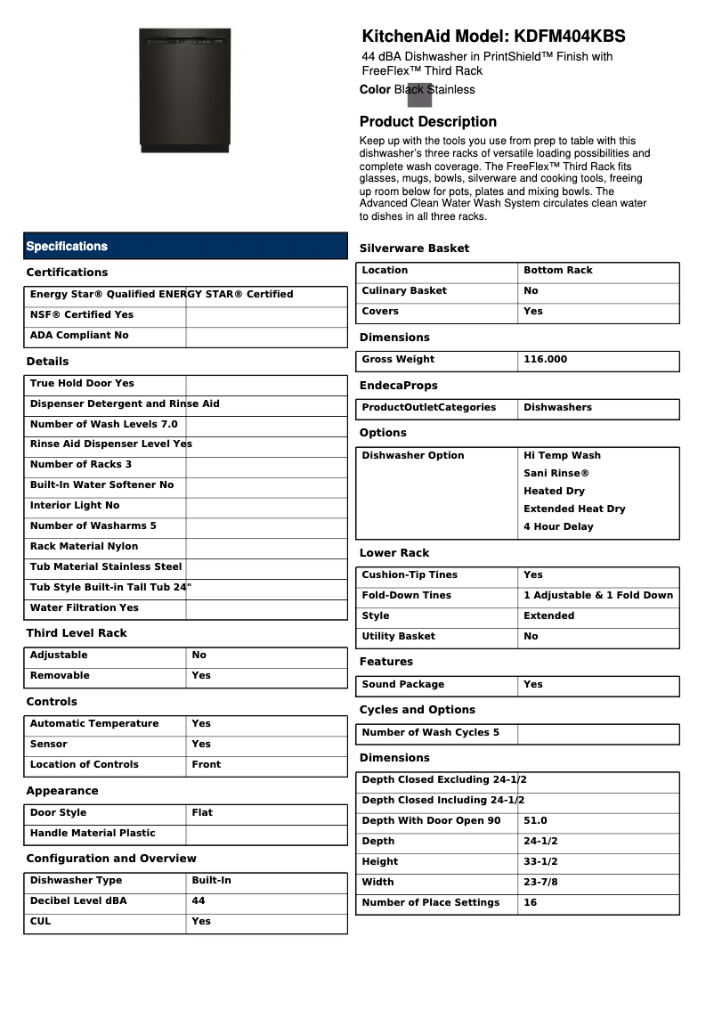 Page 1 de la notice Fiche technique KitchenAid KDFM404KBS
