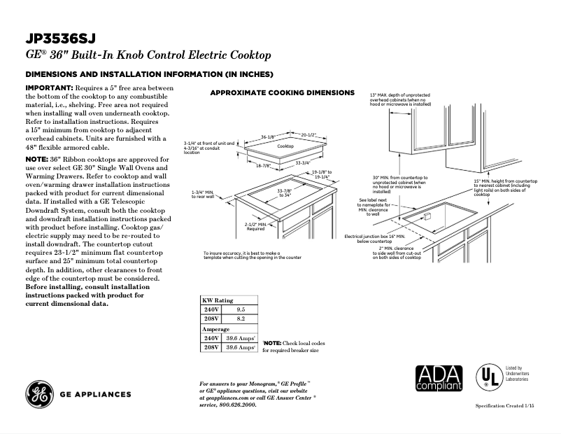 Page 1 of the manual Technical Sheet GE JP3536SJSS