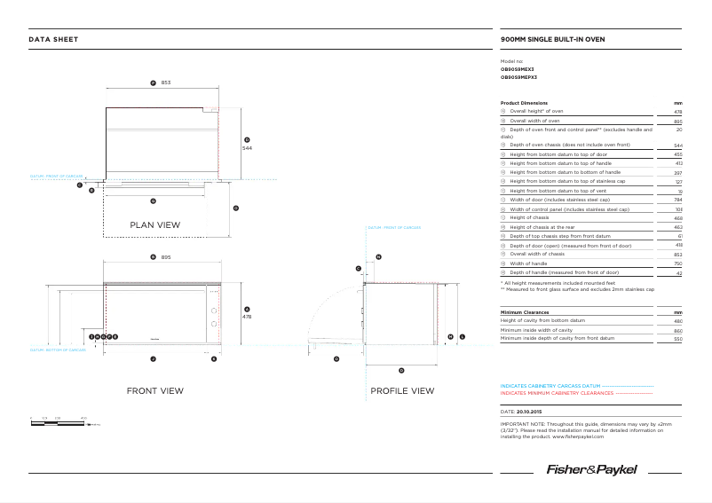 Página 1 del manual Ficha técnica Fisher & Paykel OB90S9MEPX3