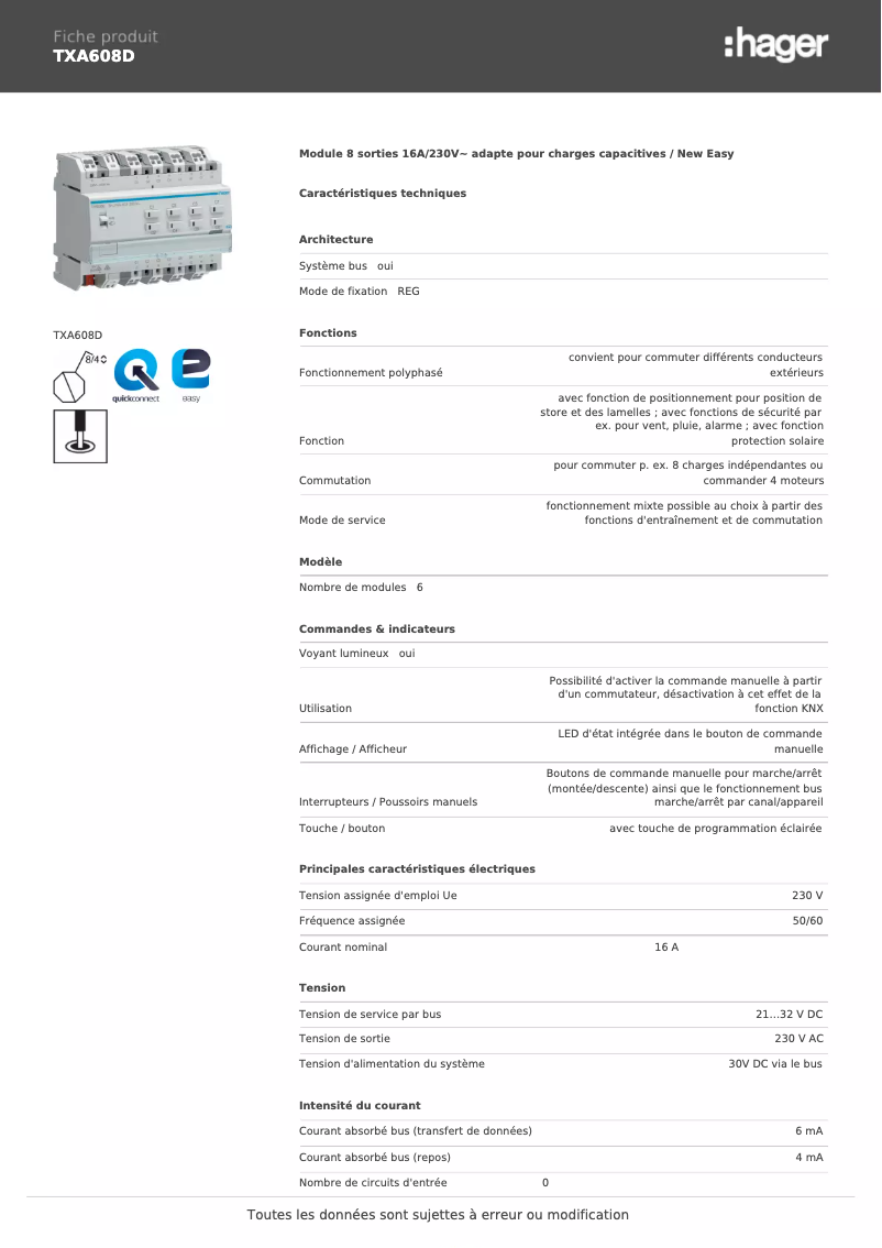 Page 1 de la notice Fiche technique Hager TXA608D