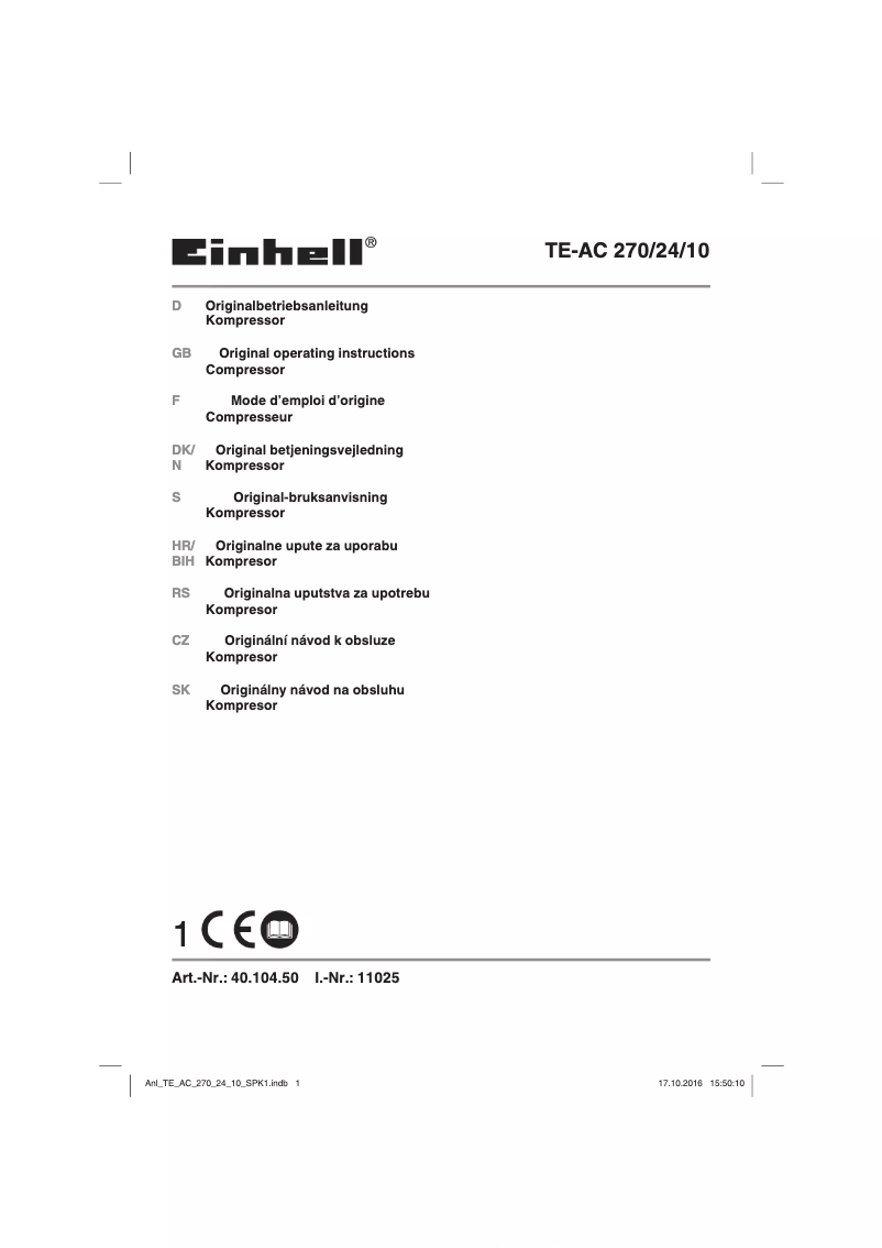 Page 1 de la notice Manuel utilisateur Einhell TE-AC 270/24/10
