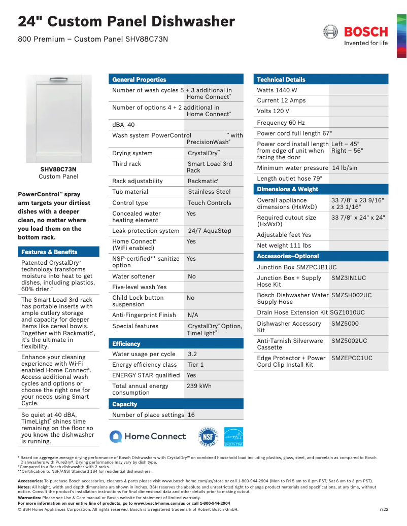 Página 1 del manual Ficha técnica Bosch SHV88C73N