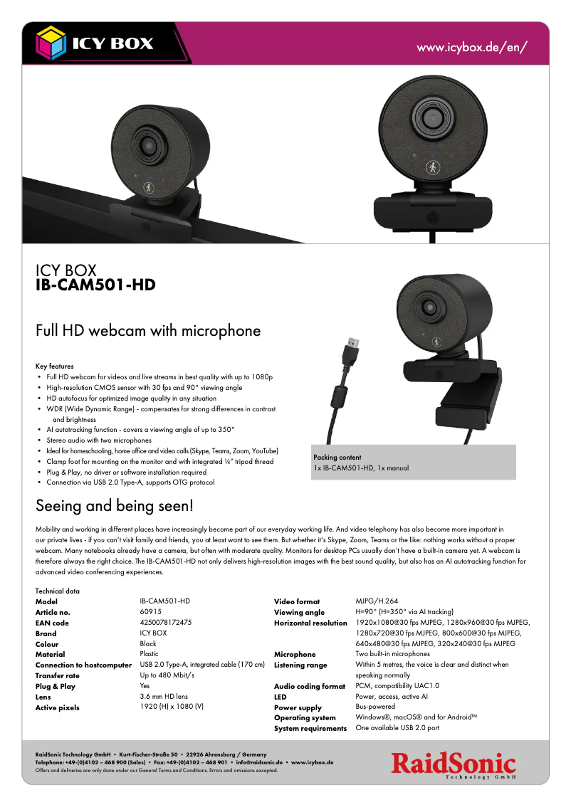 Page n°1 - Fiche technique Icy Box IB-CAM501-HD