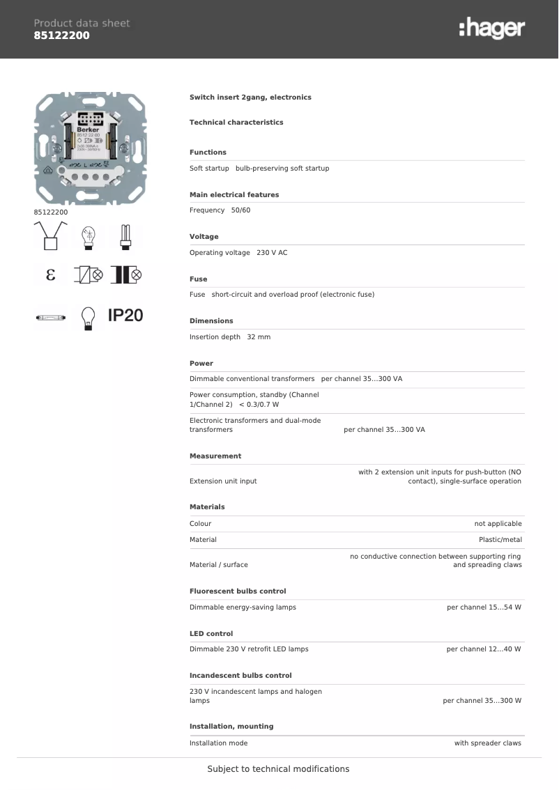 Page 1 de la notice Fiche technique Hager 85122200