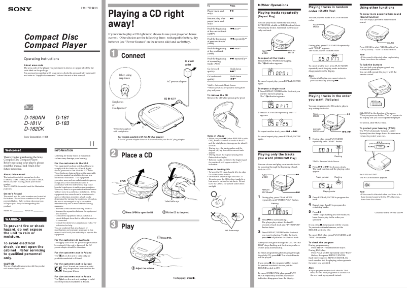 Page 1 de la notice Manuel utilisateur Sony D-183