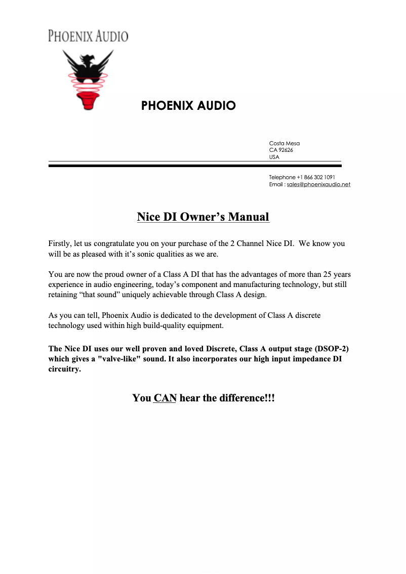 Page n°1 - Manuel utilisateur Phoenix Audio Nice DI