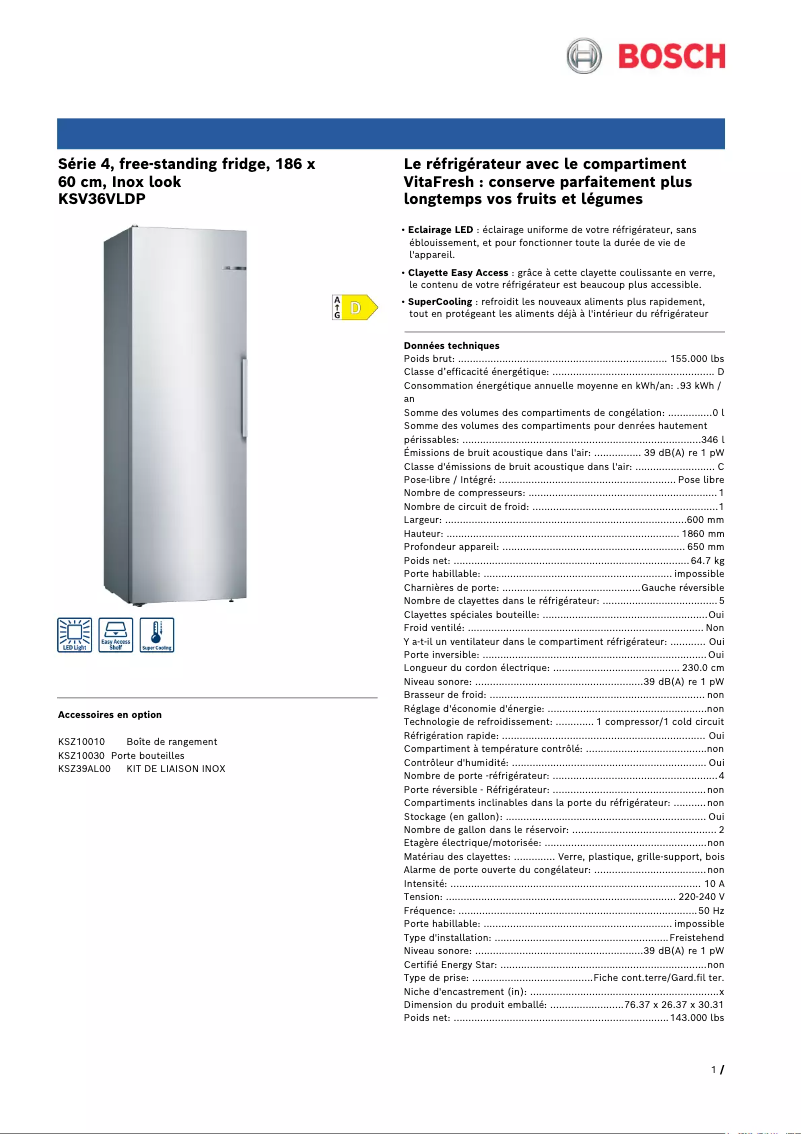 Page 1 de la notice Fiche technique Bosch KSV36VLDP