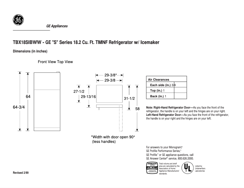 Page 1 de la notice Fiche technique GE TBX18SIBRWW