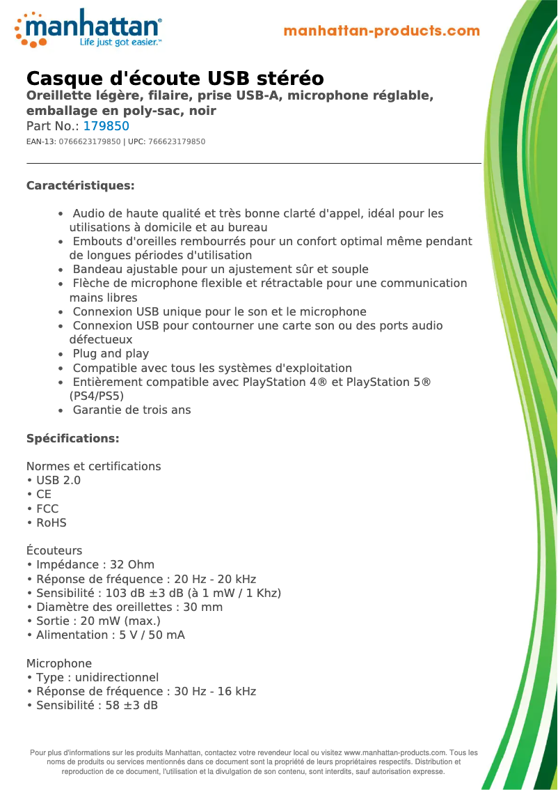 Page n°1 - Fiche technique Manhattan Stereo USB Headset 179850