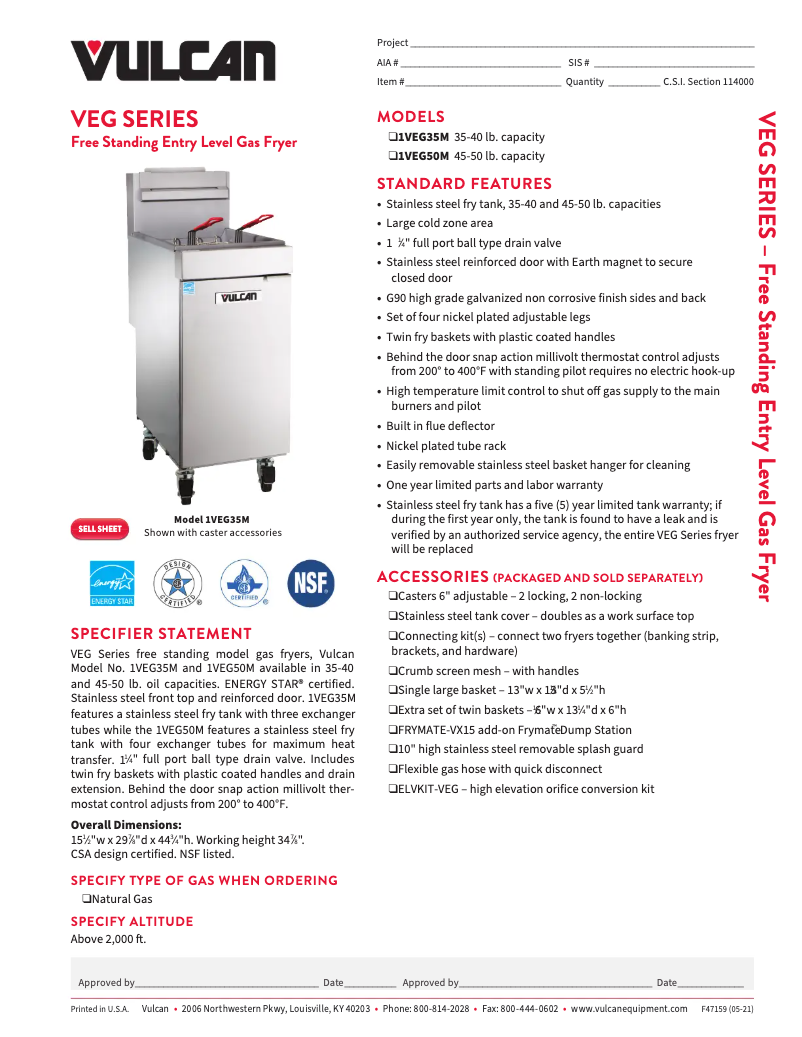 Page 1 de la notice Fiche technique Vulcan VEG50