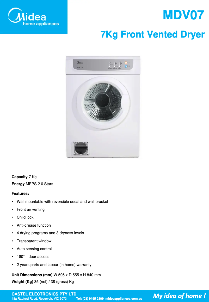 Page n°1 - Fiche technique Midea MDV07