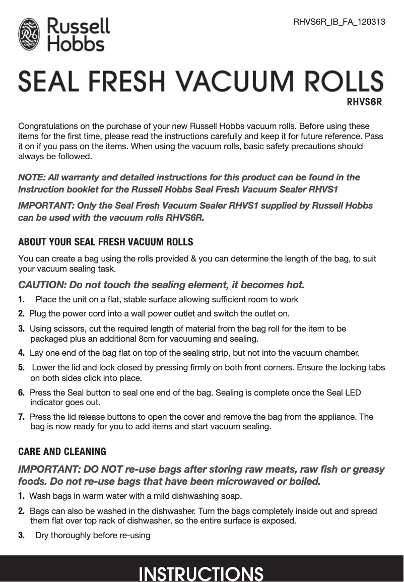 Page n°1 - Manuel utilisateur Russell Hobbs Seal Fresh Rolls RHVS6R