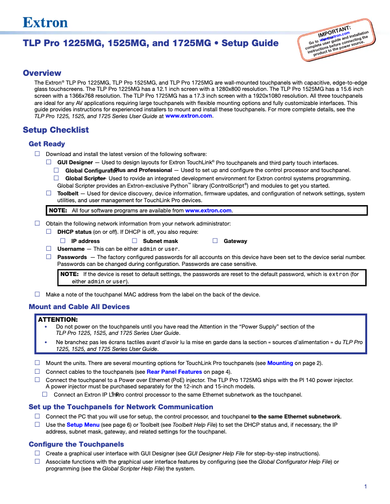 Page n°1 - Manuel utilisateur Extron TLP Pro 1225MG