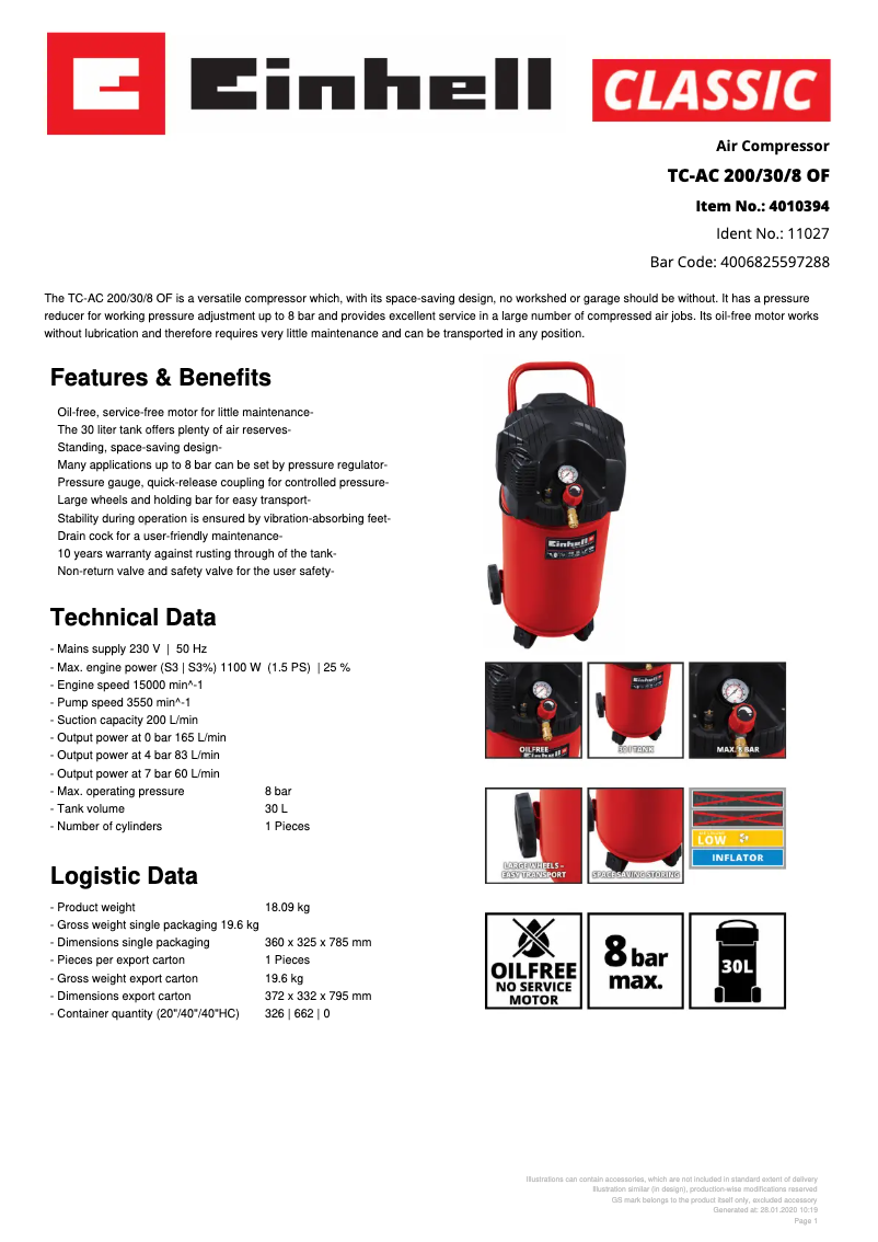 Page 1 de la notice Fiche technique Einhell TC-AC 200/30/8 OF