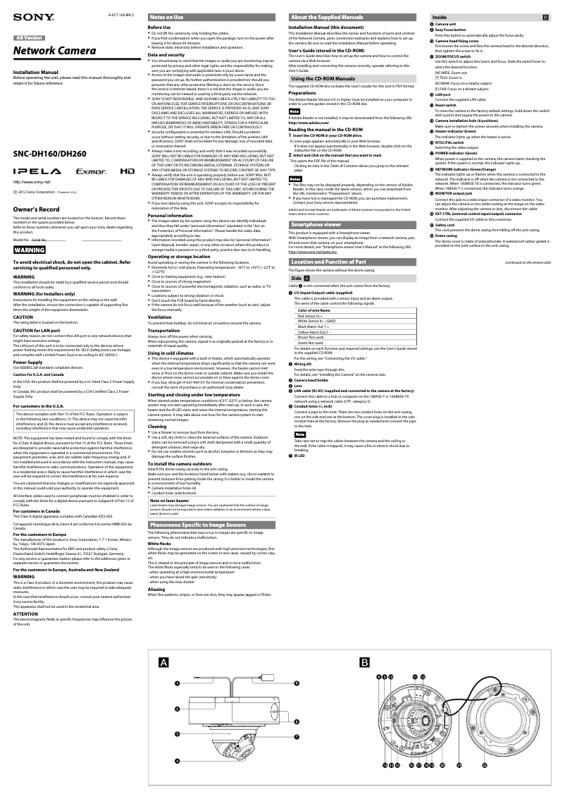 Page 1 de la notice Guide d'installation Sony SNC-DH260