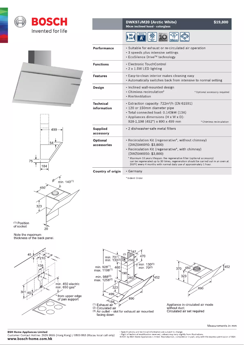 Page 1 de la notice Fiche technique Bosch DWK97JM20