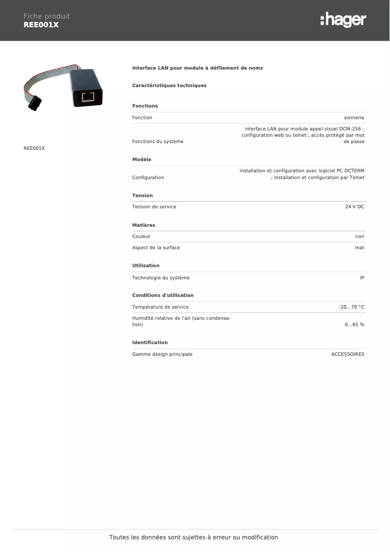 Page 1 de la notice Fiche technique Elcom REE001X