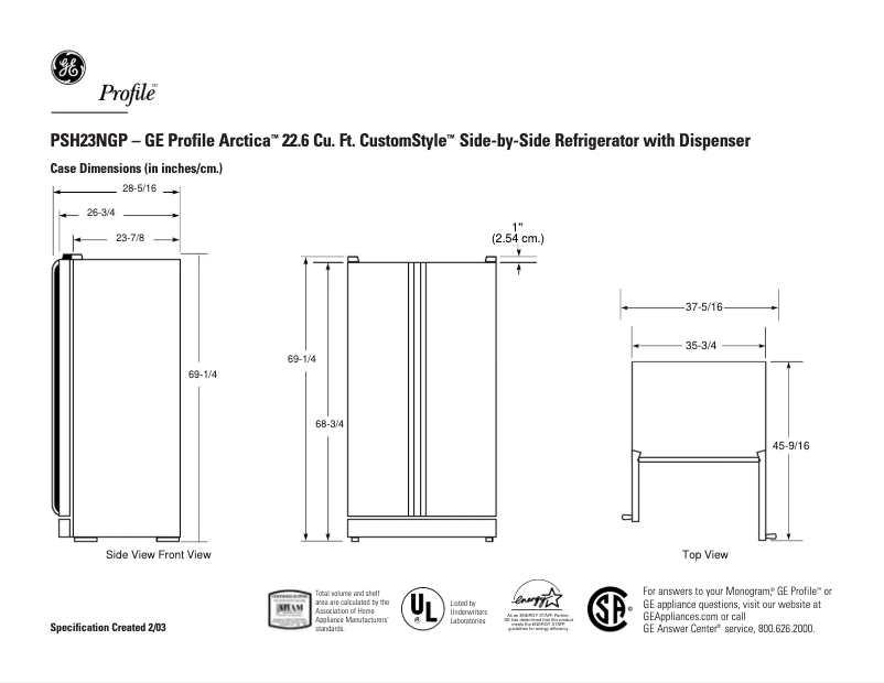 Page n°1 - Fiche technique GE Profile CustomStyle PSH23NGPCC