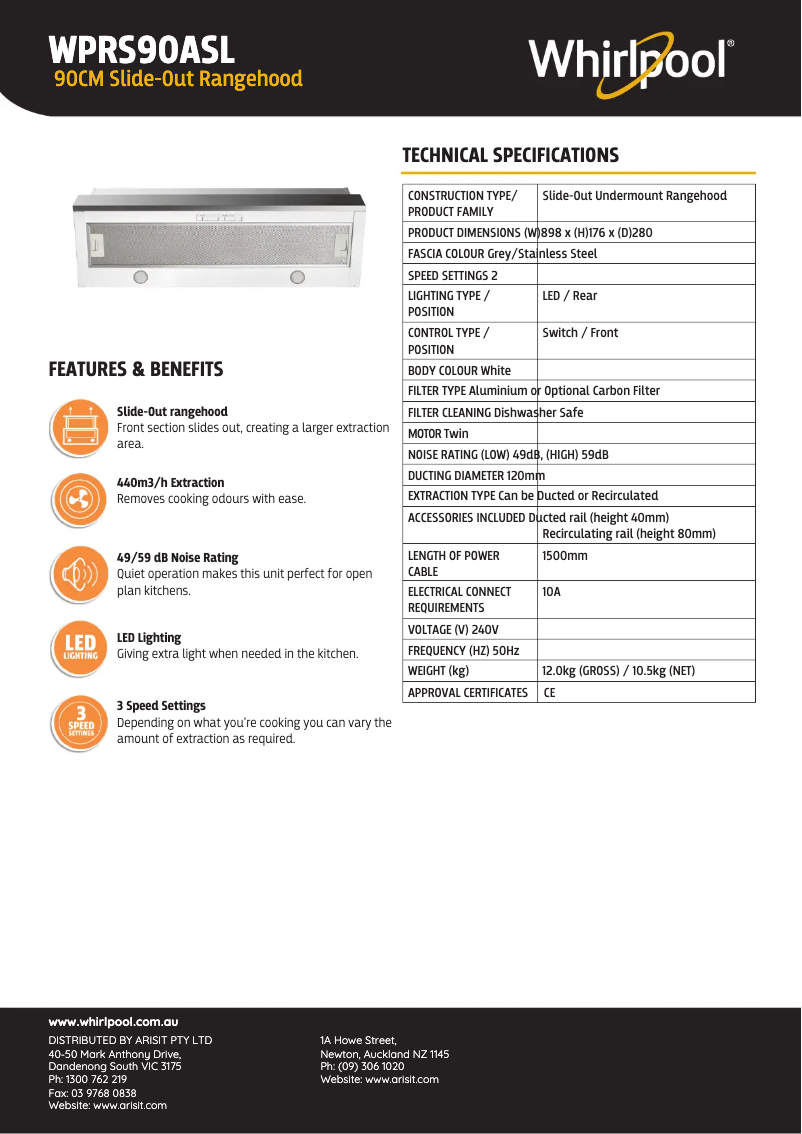 Page 1 de la notice Fiche technique Whirlpool WPRS90ASL