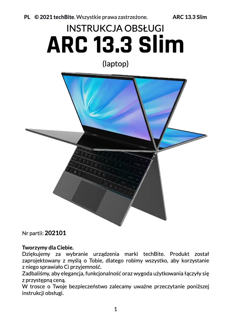 Page 1 de la notice Manuel utilisateur TechBite ARC 13.3 Slim